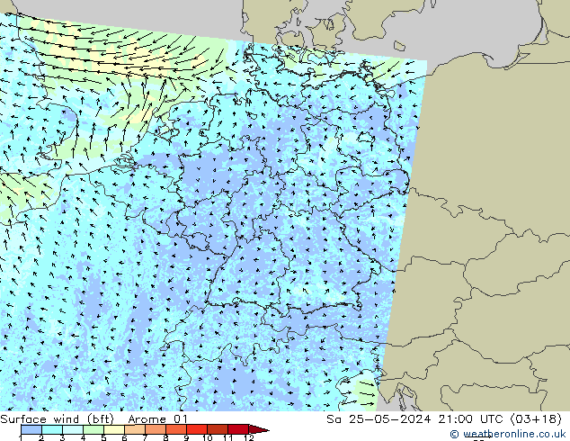 Wind 10 m (bft) Arome 01 za 25.05.2024 21 UTC