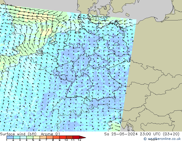 Rüzgar 10 m (bft) Arome 01 Cts 25.05.2024 23 UTC