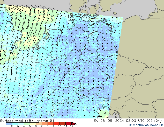 Vent 10 m (bft) Arome 01 dim 26.05.2024 03 UTC