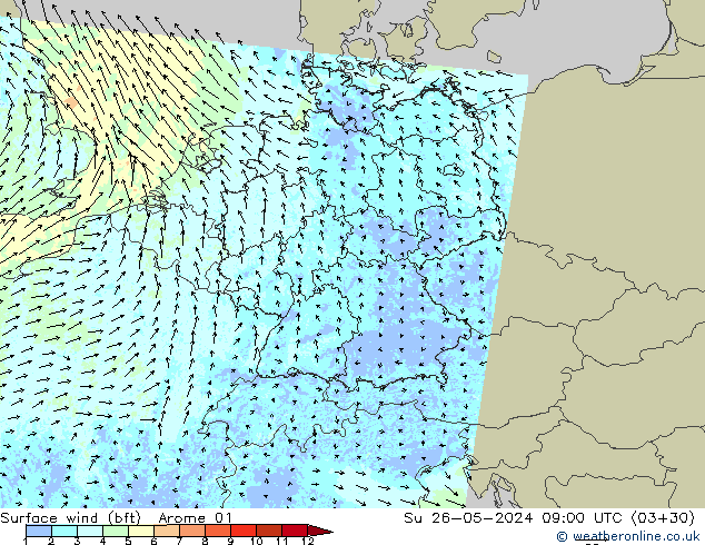  10 m (bft) Arome 01  26.05.2024 09 UTC