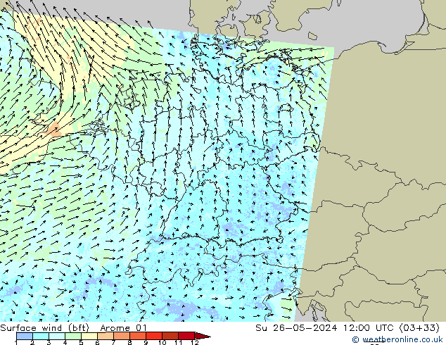 Wind 10 m (bft) Arome 01 zo 26.05.2024 12 UTC
