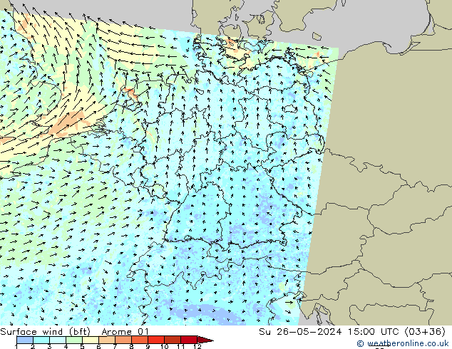 wiatr 10 m (bft) Arome 01 nie. 26.05.2024 15 UTC