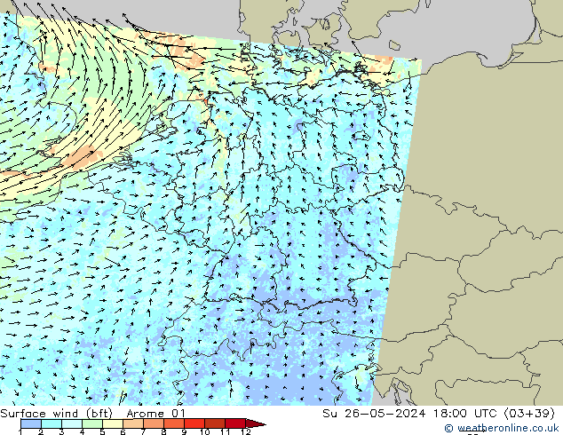 Viento 10 m (bft) Arome 01 dom 26.05.2024 18 UTC