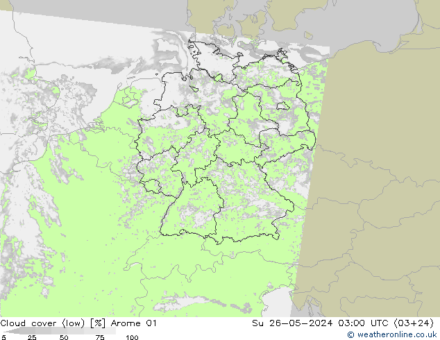 Cloud cover (low) Arome 01 Su 26.05.2024 03 UTC