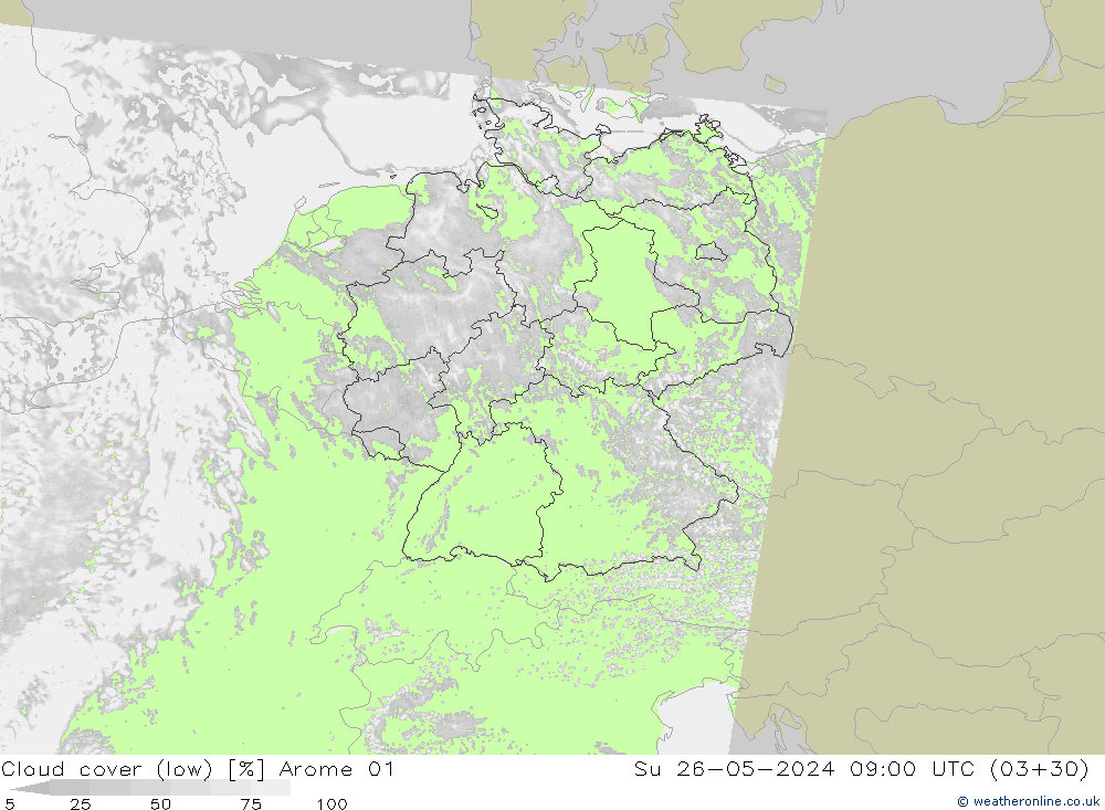 Cloud cover (low) Arome 01 Su 26.05.2024 09 UTC