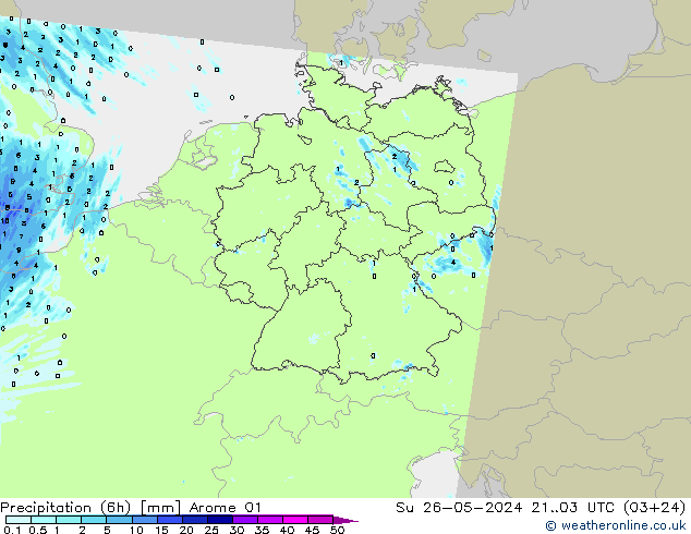 Totale neerslag (6h) Arome 01 zo 26.05.2024 03 UTC