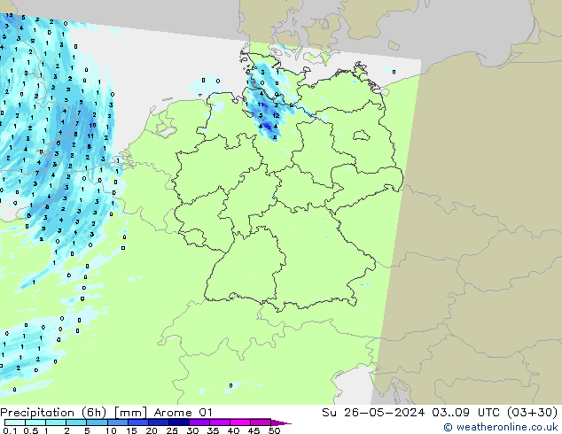 Totale neerslag (6h) Arome 01 zo 26.05.2024 09 UTC