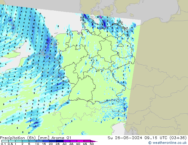 Precipitazione (6h) Arome 01 dom 26.05.2024 15 UTC