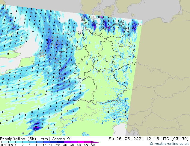 Precipitation (6h) Arome 01 Su 26.05.2024 18 UTC