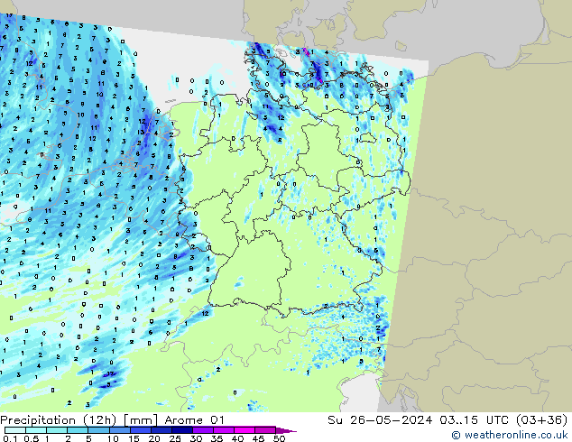 Precipitation (12h) Arome 01 Su 26.05.2024 15 UTC