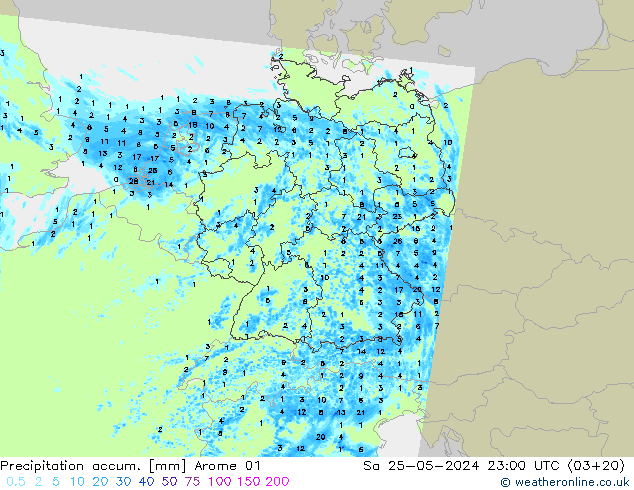 Precipitation accum. Arome 01 星期六 25.05.2024 23 UTC