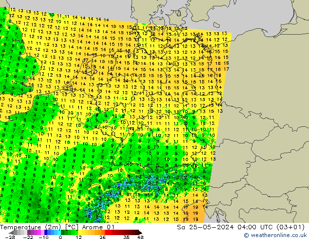 température (2m) Arome 01 sam 25.05.2024 04 UTC