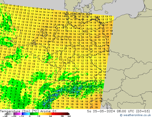 mapa temperatury (2m) Arome 01 so. 25.05.2024 06 UTC