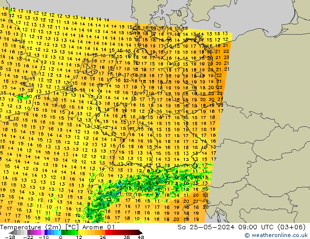 карта температуры Arome 01 сб 25.05.2024 09 UTC