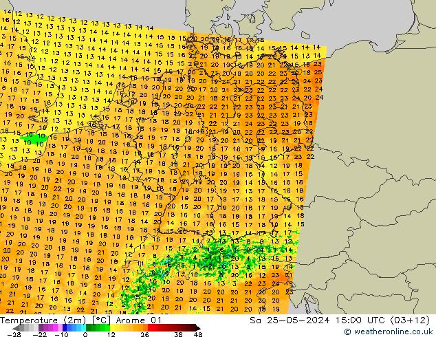 Temperatura (2m) Arome 01 sab 25.05.2024 15 UTC