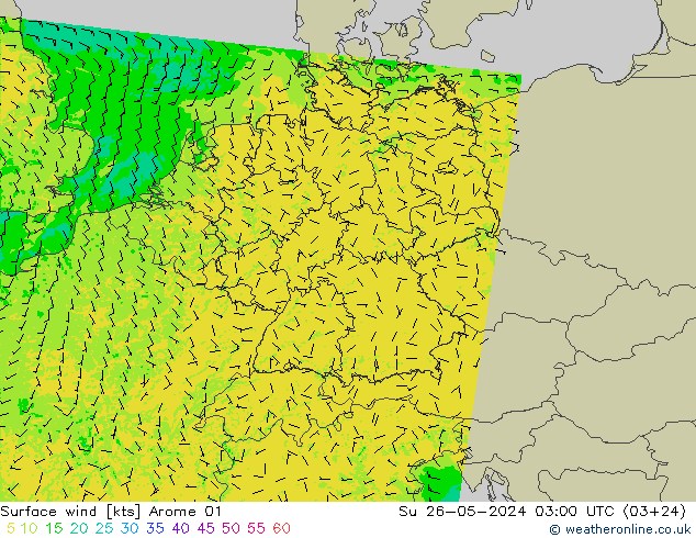 风 10 米 Arome 01 星期日 26.05.2024 03 UTC