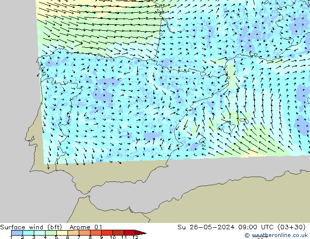 Vento 10 m (bft) Arome 01 Dom 26.05.2024 09 UTC