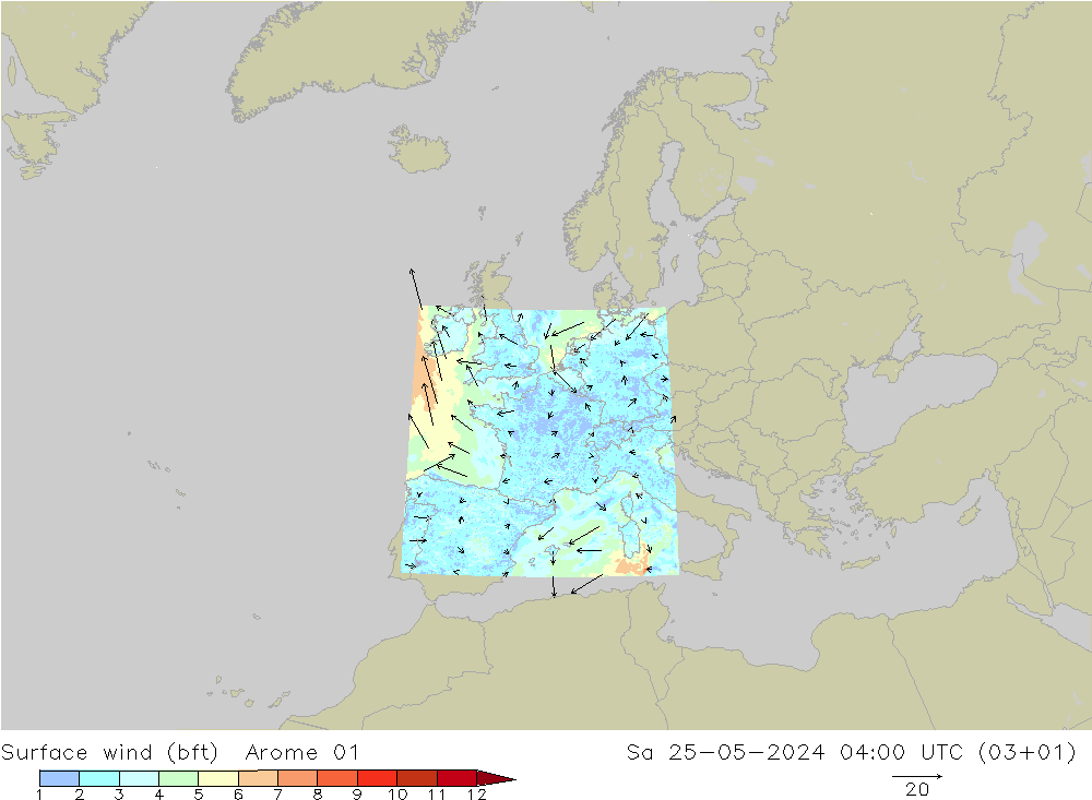 Wind 10 m (bft) Arome 01 za 25.05.2024 04 UTC