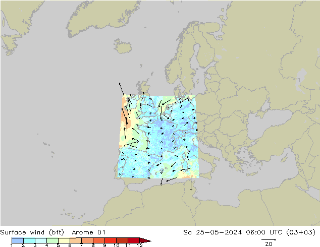 Viento 10 m (bft) Arome 01 sáb 25.05.2024 06 UTC