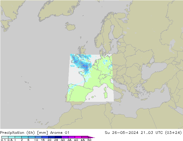 Precipitation (6h) Arome 01 Su 26.05.2024 03 UTC
