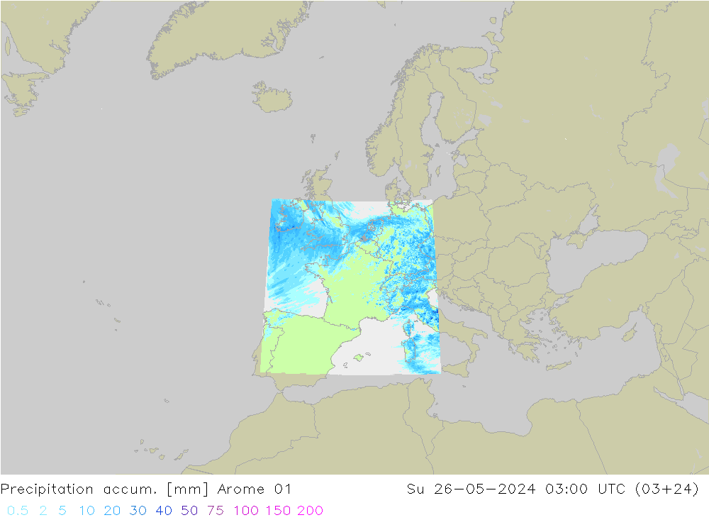 Precipitation accum. Arome 01 dom 26.05.2024 03 UTC