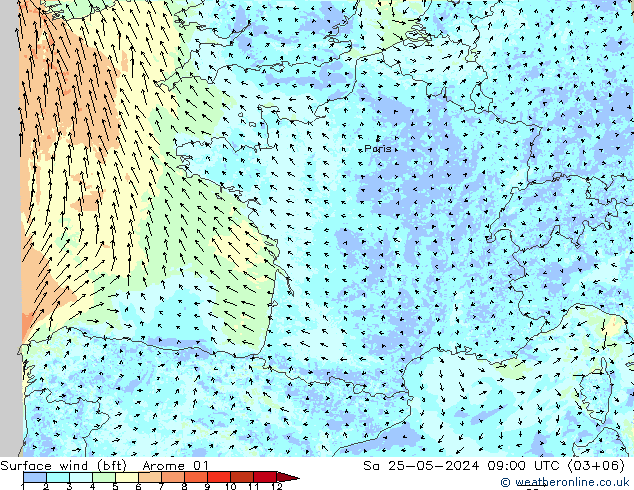 Surface wind (bft) Arome 01 Sa 25.05.2024 09 UTC