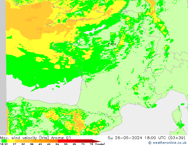 Max. wind velocity Arome 01 Su 26.05.2024 18 UTC