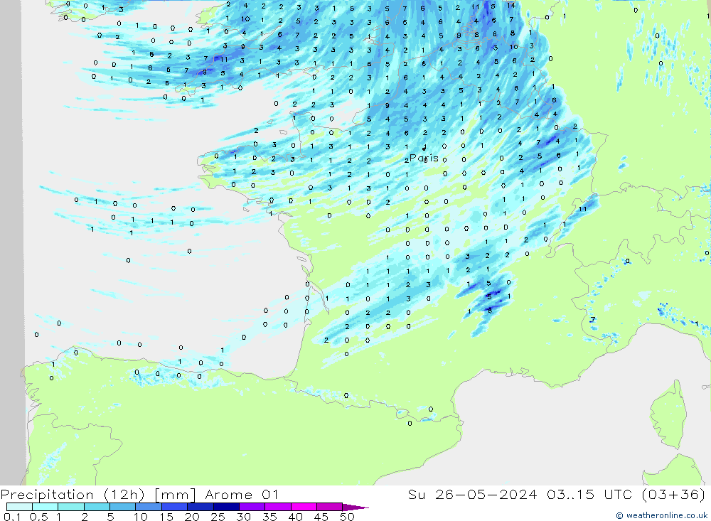 Precipitação (12h) Arome 01 Dom 26.05.2024 15 UTC