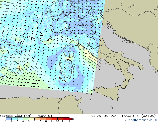 Bodenwind (bft) Arome 01 So 26.05.2024 18 UTC