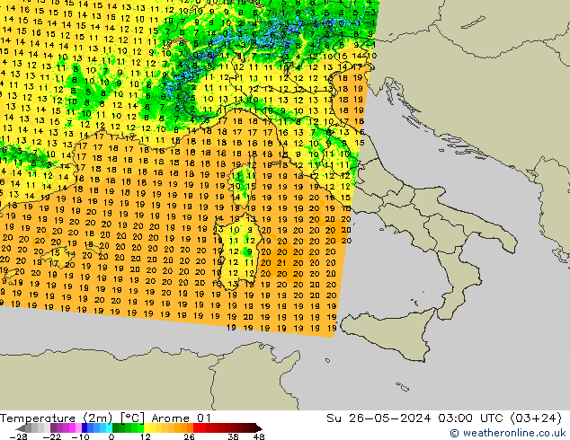 température (2m) Arome 01 dim 26.05.2024 03 UTC