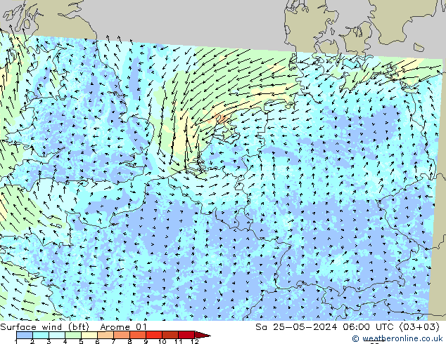 Wind 10 m (bft) Arome 01 za 25.05.2024 06 UTC