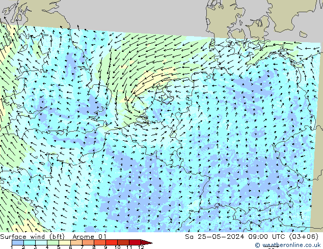 Rüzgar 10 m (bft) Arome 01 Cts 25.05.2024 09 UTC