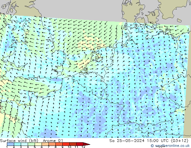 Vento 10 m (bft) Arome 01 sab 25.05.2024 15 UTC