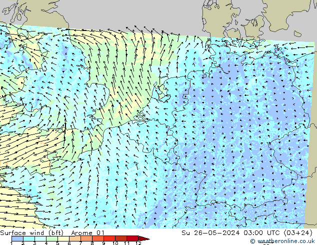 Bodenwind (bft) Arome 01 So 26.05.2024 03 UTC