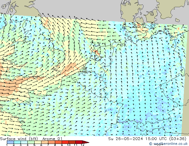 Vento 10 m (bft) Arome 01 Dom 26.05.2024 15 UTC