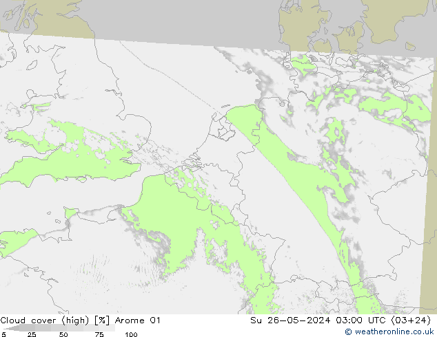 Cloud cover (high) Arome 01 Su 26.05.2024 03 UTC