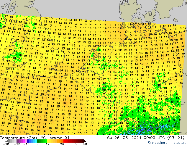 Sıcaklık Haritası (2m) Arome 01 Paz 26.05.2024 00 UTC