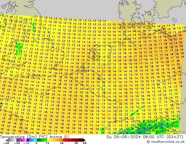 Temperature (2m) Arome 01 Su 26.05.2024 06 UTC