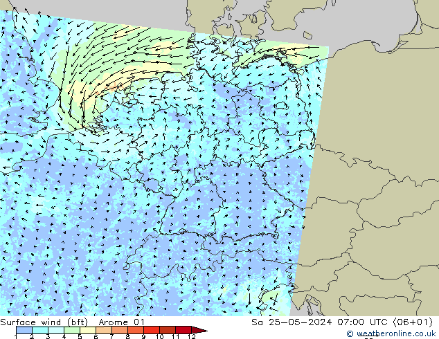 wiatr 10 m (bft) Arome 01 so. 25.05.2024 07 UTC