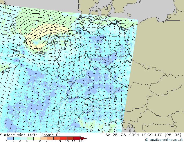 Vent 10 m (bft) Arome 01 sam 25.05.2024 12 UTC