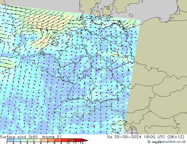 Vento 10 m (bft) Arome 01 Sáb 25.05.2024 18 UTC