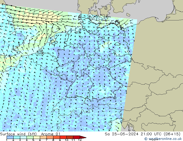 Bodenwind (bft) Arome 01 Sa 25.05.2024 21 UTC