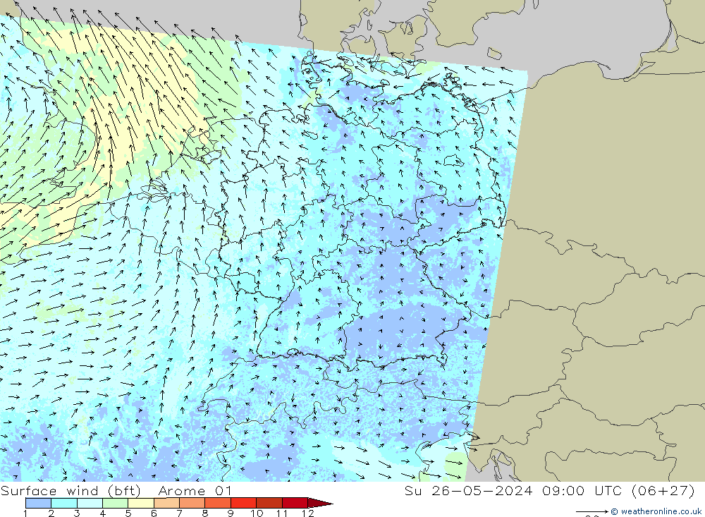 Wind 10 m (bft) Arome 01 zo 26.05.2024 09 UTC