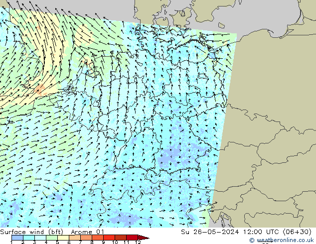 Rüzgar 10 m (bft) Arome 01 Paz 26.05.2024 12 UTC