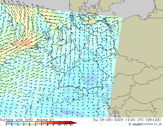 Wind 10 m (bft) Arome 01 zo 26.05.2024 15 UTC