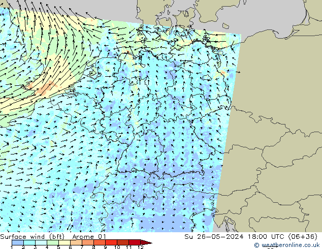 Wind 10 m (bft) Arome 01 zo 26.05.2024 18 UTC