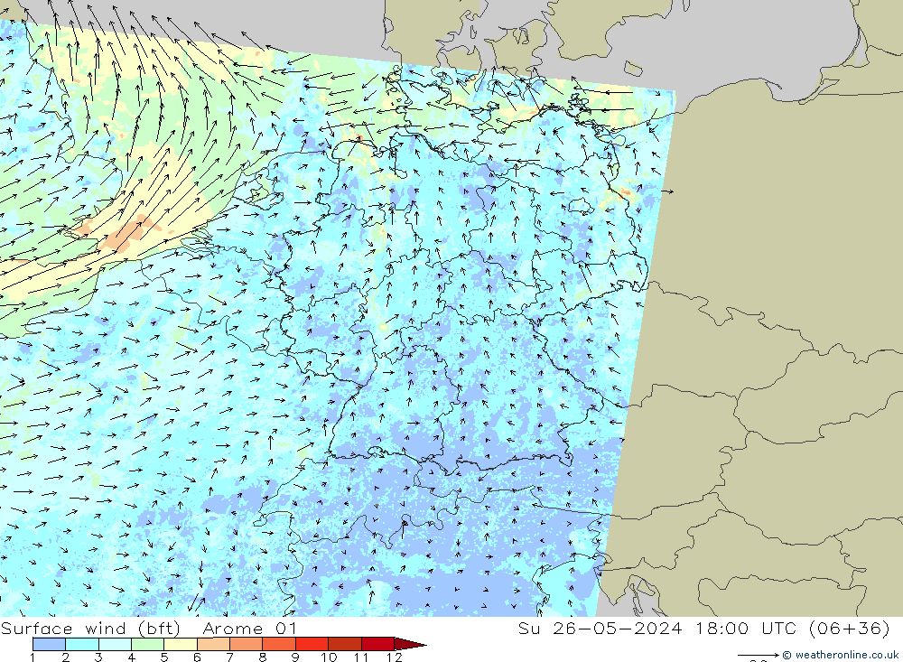 Viento 10 m (bft) Arome 01 dom 26.05.2024 18 UTC