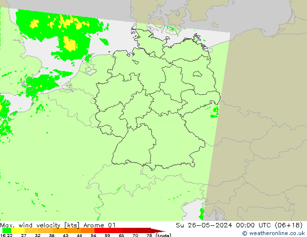 Max. wind velocity Arome 01 dom 26.05.2024 00 UTC