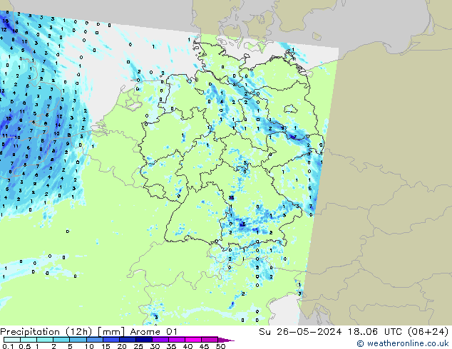 Précipitation (12h) Arome 01 dim 26.05.2024 06 UTC