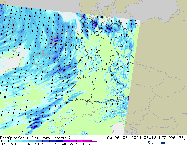 Precipitação (12h) Arome 01 Dom 26.05.2024 18 UTC